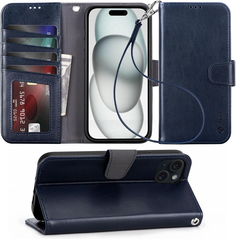 Arae Compatible with iPhone 15 Plus Case with Card Holder and Wrist Strap Wallet Flip Cover for iPhone 15 Plus 6.7 inch,Blue - Image 1